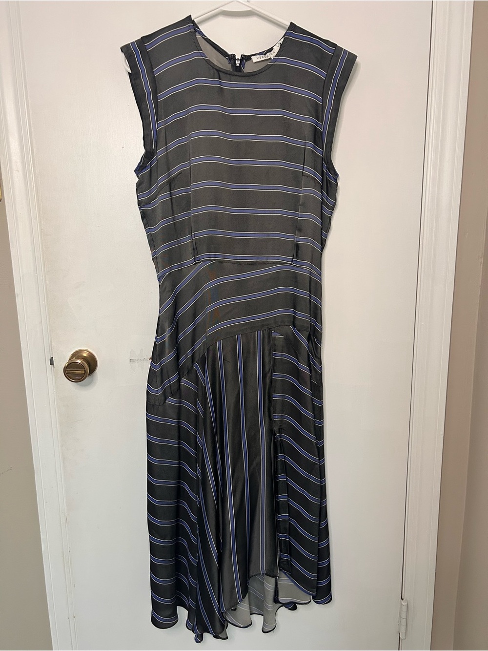 VERONICA BEARD JACKIE ASYMMETRICAL STRIPED JEWEL NECK MIDI DRESS SIZE 6